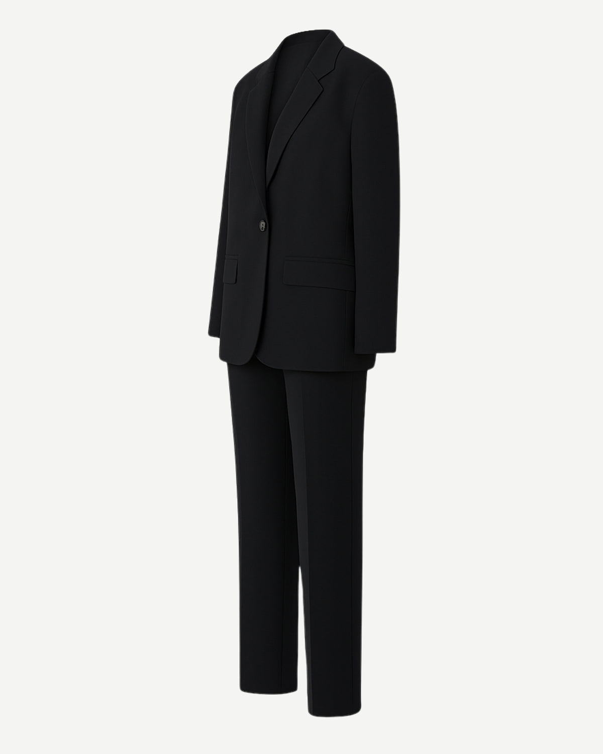 PRE-LOVED | Women's Black Oversized Wedding Suit featuring a relaxed single-button blazer with notched lapels and flap pockets, paired with straight-leg tailored trousers in luxurious black fabric for contemporary androgynous suiting.