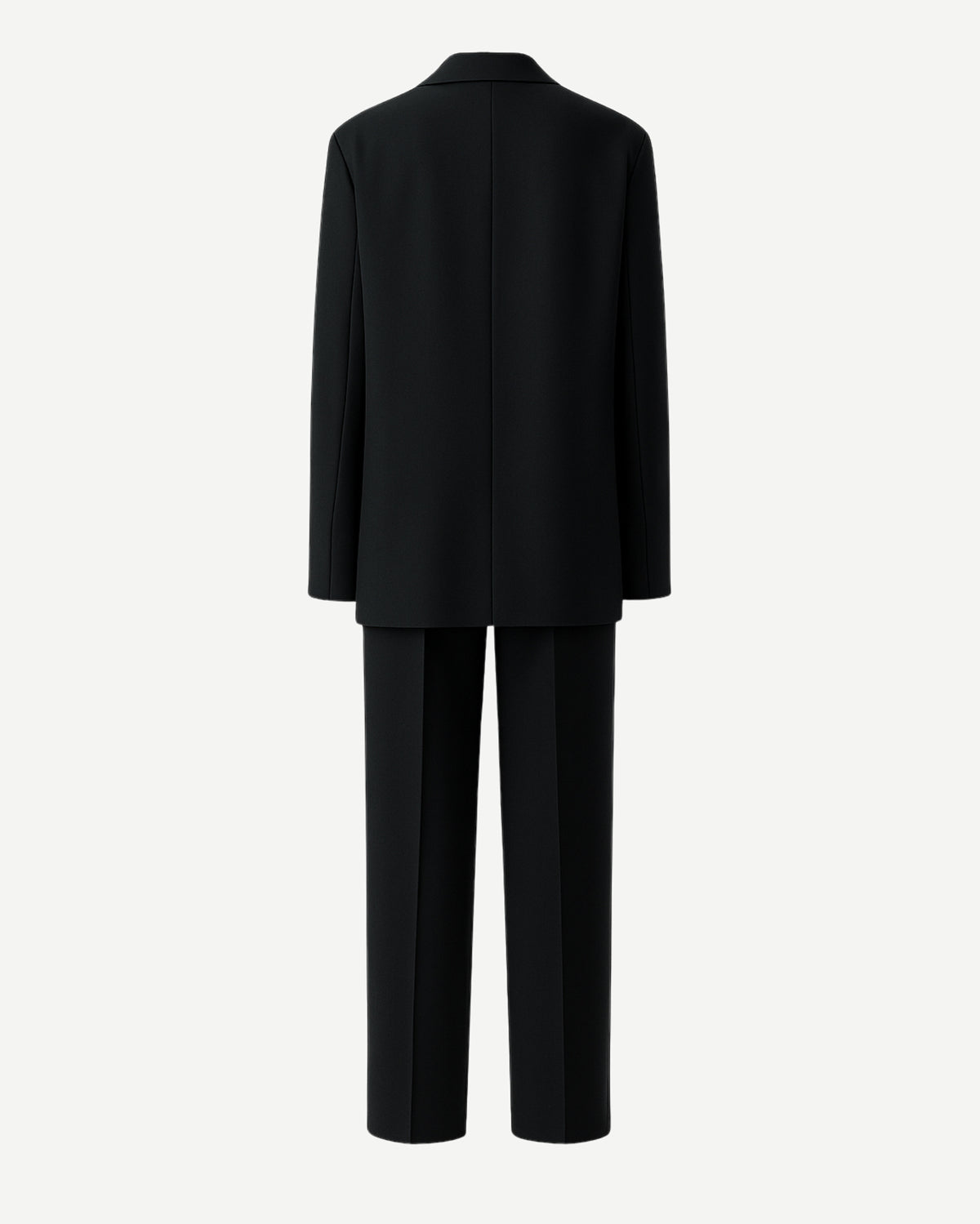 PRE-LOVED | Women's Black Oversized Wedding Suit displayed from the back, featuring a relaxed blazer with clean lines and straight-leg tailored trousers crafted in luxury fabric for modern androgynous suiting.