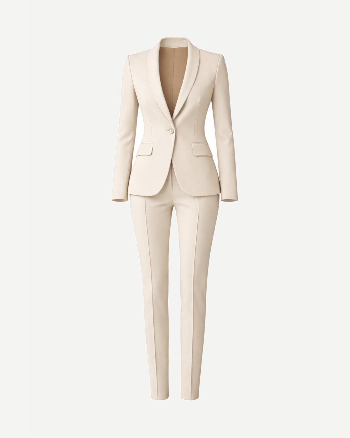 Women's Wearhouse | Women's Cream Fitted Wedding Suit featuring a single-button blazer with shawl lapels and tailored flap pockets, paired with slim, tapered trousers in soft cream fabric for refined bridal suiting.