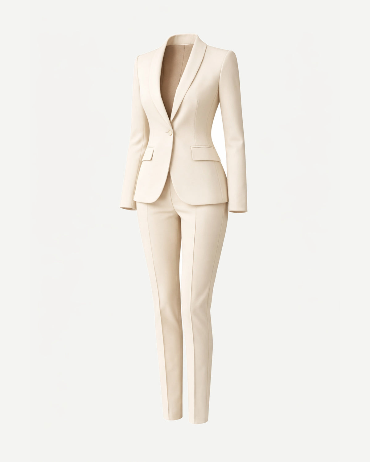 Women's Wearhouse | Women's Cream Fitted Wedding Suit featuring a single-button blazer with elegant shawl lapels, flap pockets, and slim, tailored trousers in a soft cream fabric for refined bridal suiting.