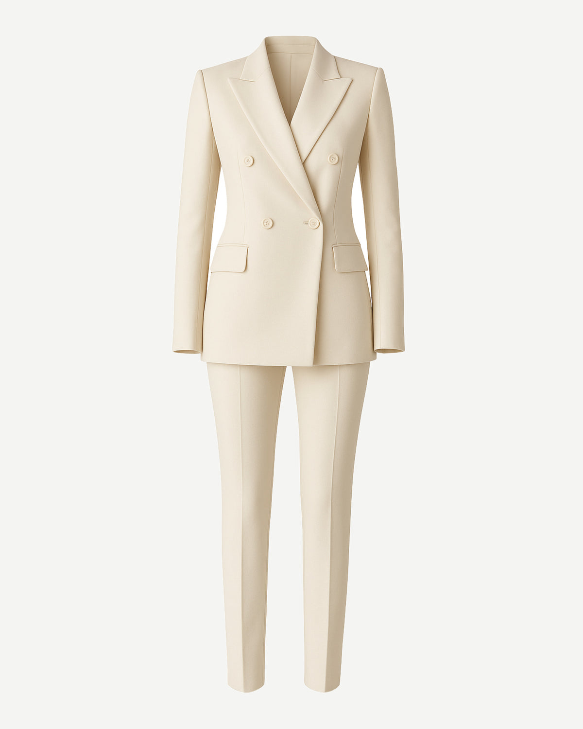 PRE-LOVED | Women's Cream Fitted Wedding Suit featuring a double-breasted blazer with peak lapels, structured tailoring, and slim tapered trousers crafted in luxury fabric for sophisticated bridal suiting.