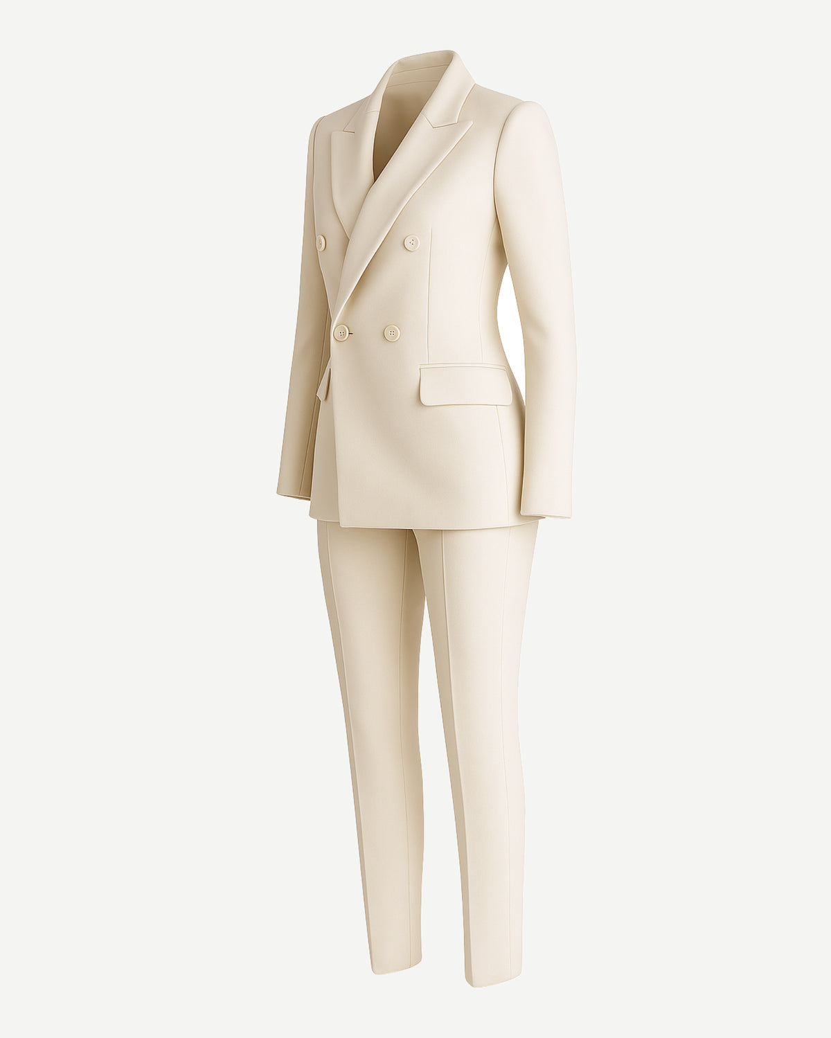 PRE-LOVED | Women's Cream Fitted Wedding Suit featuring a double-breasted blazer with peaked lapels, tailored flap pockets, and slim, tapered trousers in a soft cream fabric for elegant bridal suiting.