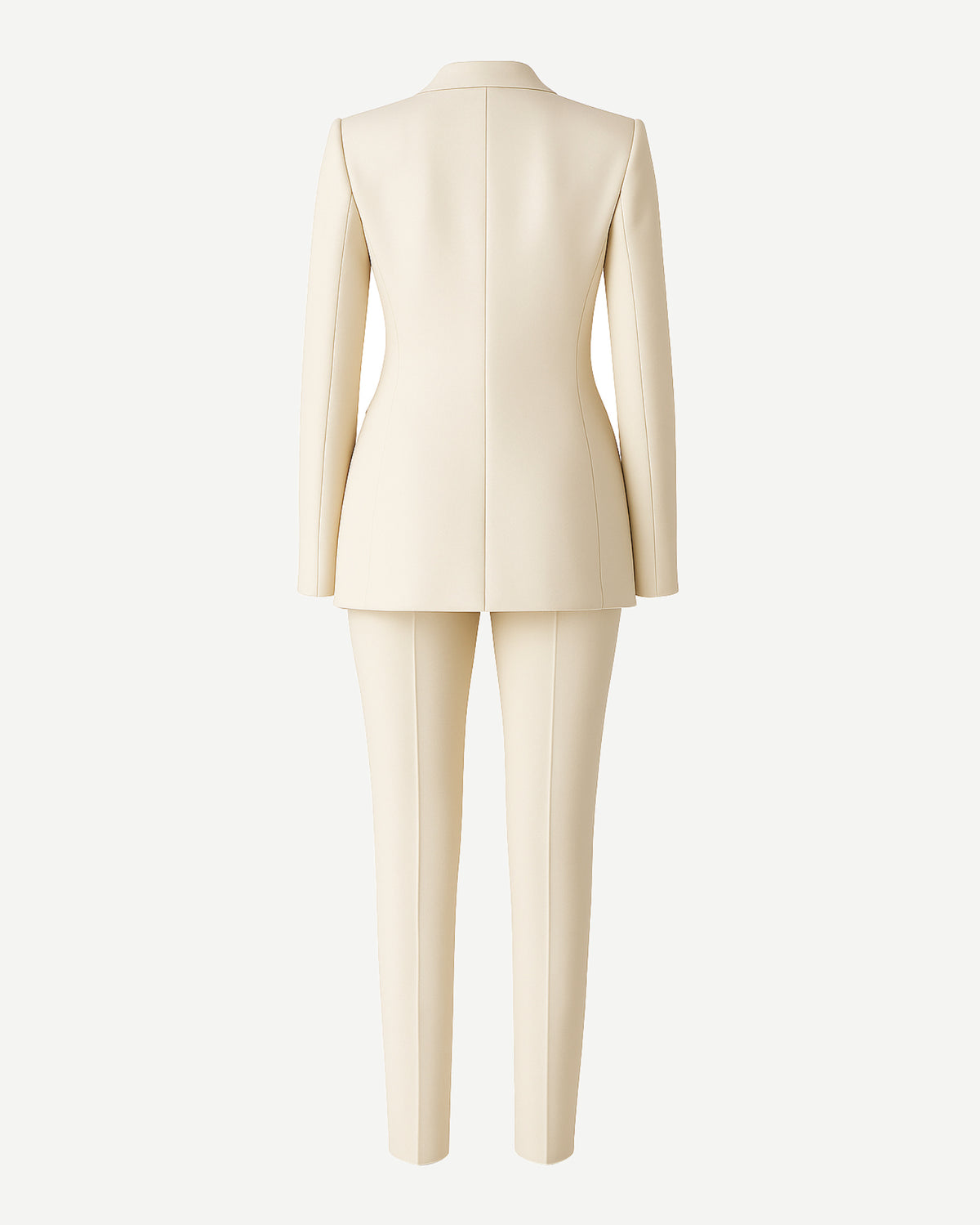PRE-LOVED | Women's Cream Fitted Wedding Suit shown from the back, featuring a tailored blazer with clean lines and long sleeves, paired with slim, tapered trousers in a soft cream fabric.