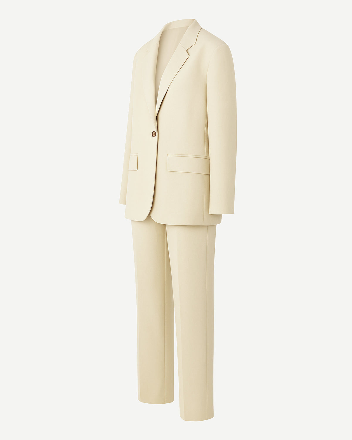 PRE-LOVED | Women's Cream Oversized Wedding Suit featuring a relaxed tailored blazer with a single-button closure, notch lapels, flap pockets, and straight-leg trousers in a soft cream fabric.
