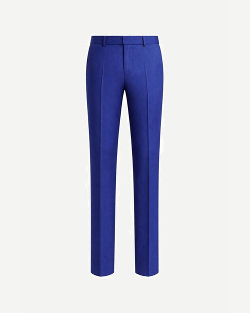 Front view of Royal Blue Men's Classic cut Trousers featuring a sleek, tailored fit with crisp creases and belt loops, crafted for refined formal and business occasions.