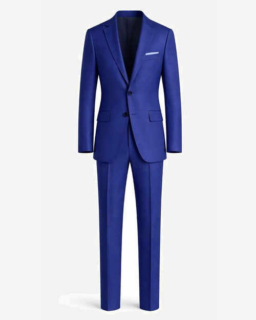 Royal Blue Men's Two-Piece Classic Cut Suit displayed front-facing, featuring a tailored jacket with notch lapels, two-button closure, and matching slim trousers for a refined, elegant look.