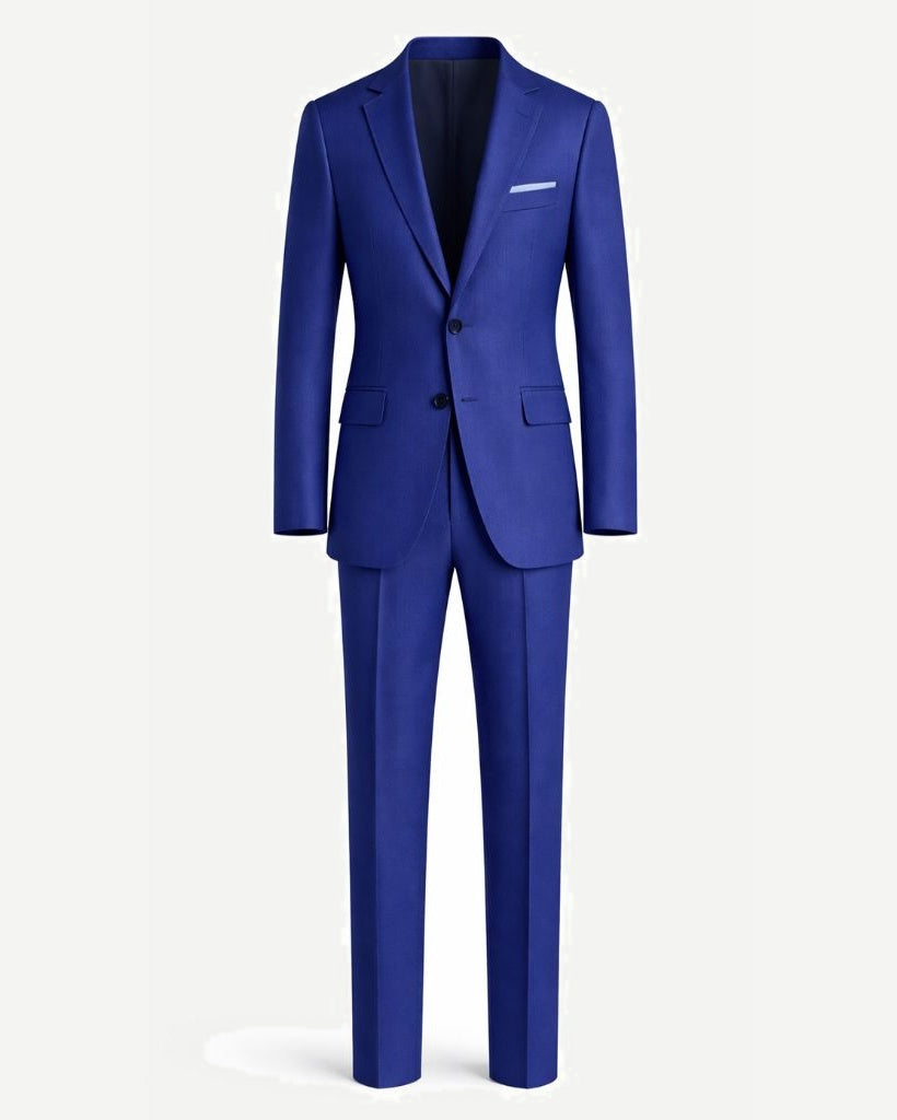 Royal Blue Men's Two-Piece Classic Cut Suit displayed front-facing, featuring a tailored jacket with notch lapels, two-button closure, and matching slim trousers for a refined, elegant look.