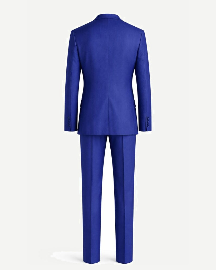 Back view of Royal Blue Men's Two-Piece Classic Cut Suit highlighting a tailored jacket with clean lines and matching slim-fit trousers for a polished and refined appearance.