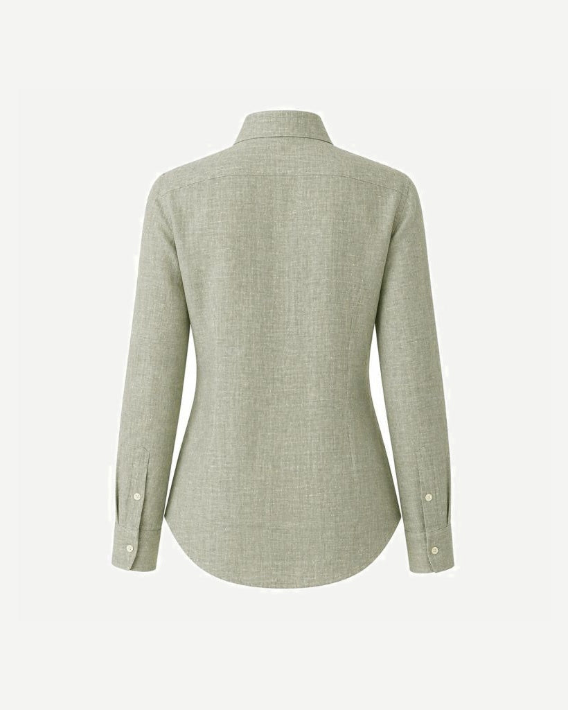 Back view of the Sage Green Linen Summer Wedding Shirt showcasing its tailored fit, long sleeves with buttoned cuffs, and breathable fabric designed for elegant warm-weather occasions.
