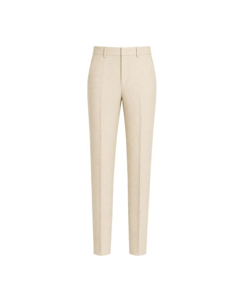 Cream Wool and Linen Blend Summer Wedding Trousers in a tailored slim fit, crafted from breathable, lightweight fabric designed for elegant and comfortable warm-weather formalwear.