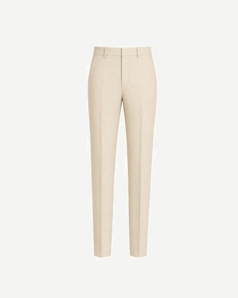 Cream Wool and Linen Blend Summer Wedding Trousers in a tailored slim fit, crafted from breathable, lightweight fabric designed for elegant and comfortable warm-weather formalwear.