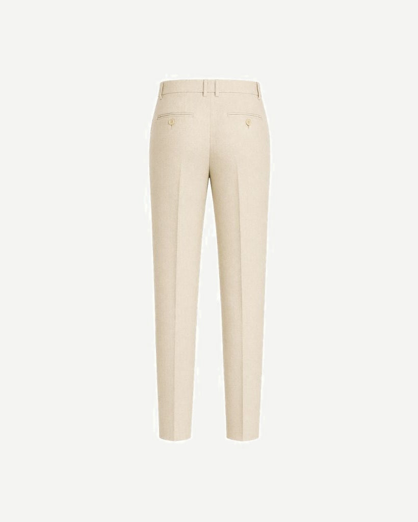 Rear view of Cream Wool and Linen Blend Summer Wedding Trousers featuring a tailored slim silhouette with belt loops and welt pockets, crafted from breathable, lightweight fabric for warm-weather elegance.