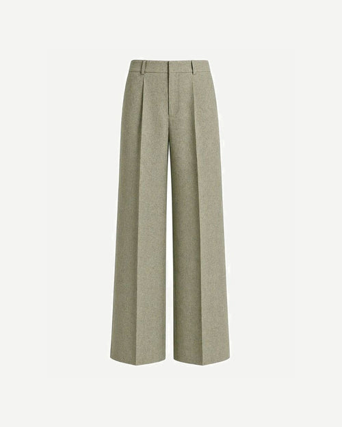 Sage Green Wool and Linen Blend Summer Wedding Pants featuring a wide-leg silhouette with front pleats and belt loops, crafted from breathable lightweight fabric ideal for warm-weather formalwear.