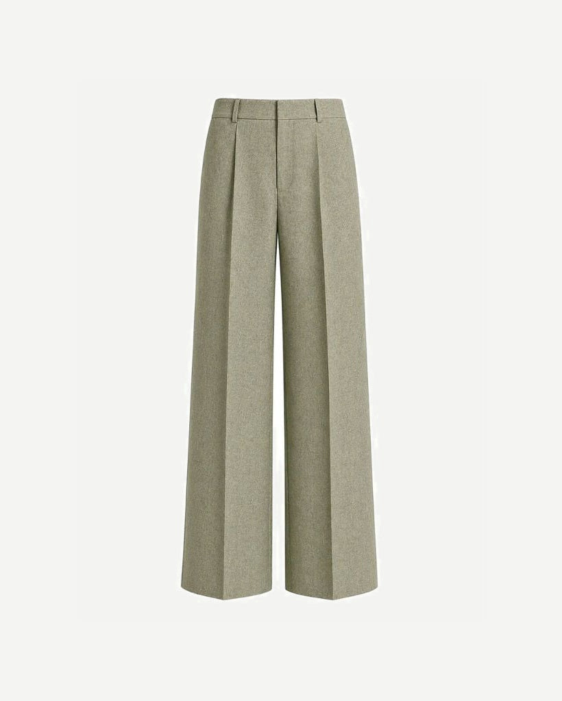 Sage Green Wool and Linen Blend Summer Wedding Pants featuring a wide-leg silhouette with front pleats and belt loops, crafted from breathable lightweight fabric ideal for warm-weather formalwear.