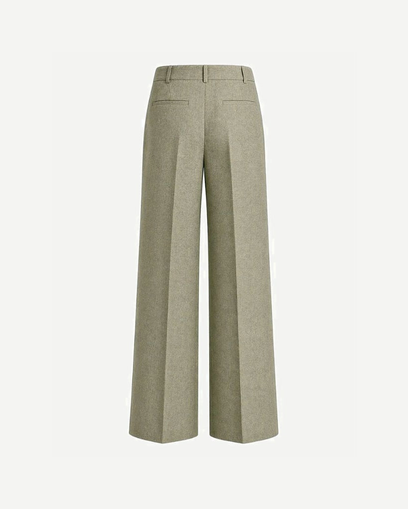 Back view of Sage Green Wool and Linen Blend Summer Wedding Pants featuring tailored wide legs, belt loops, and welt pockets, crafted for elegant and breathable summer formalwear.