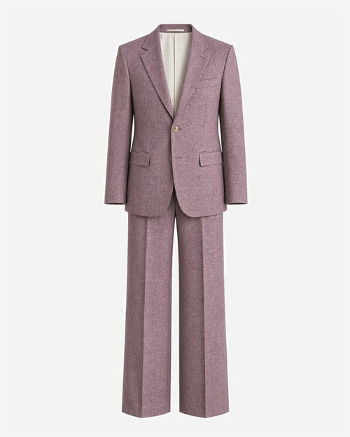 Lavender Rose Wool and Linen Blend Summer Wedding Suit featuring a tailored blazer with notch lapels and matching wide-leg trousers crafted from breathable, lightweight fabric ideal for warm-weather formalwear.