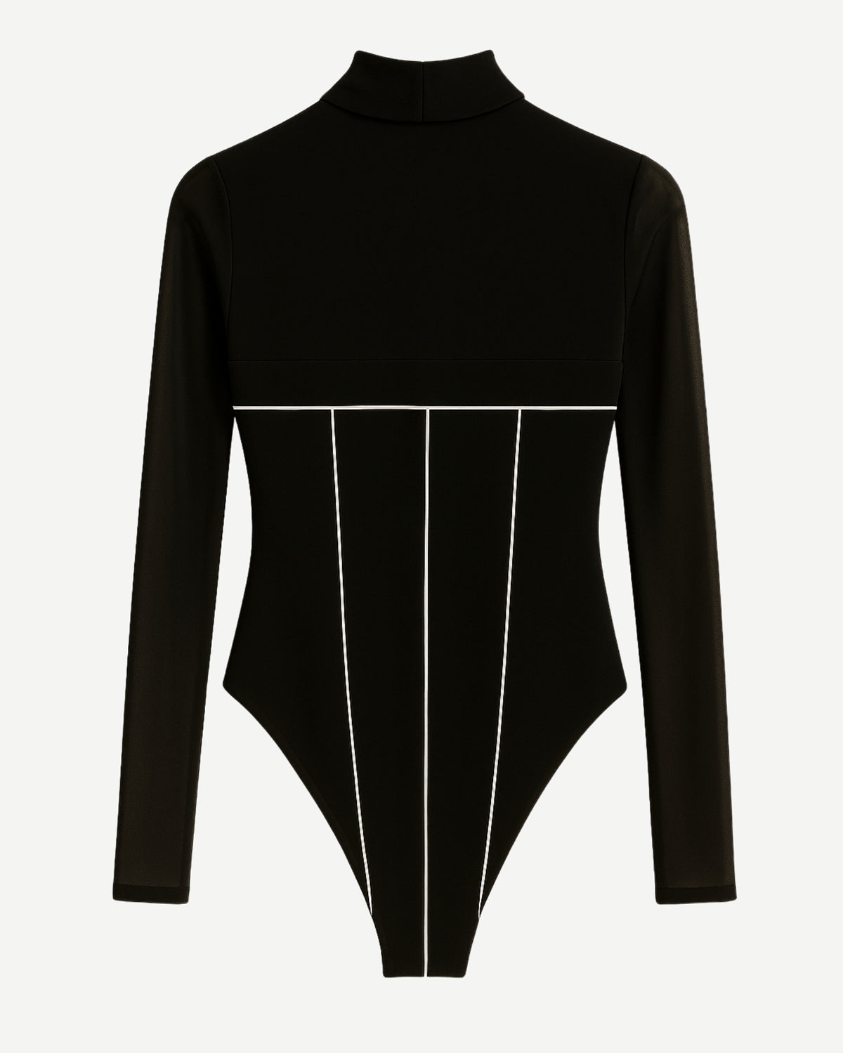 Tailory black piped turtleneck bodysuit side view showing structured seaming and long sleeves
