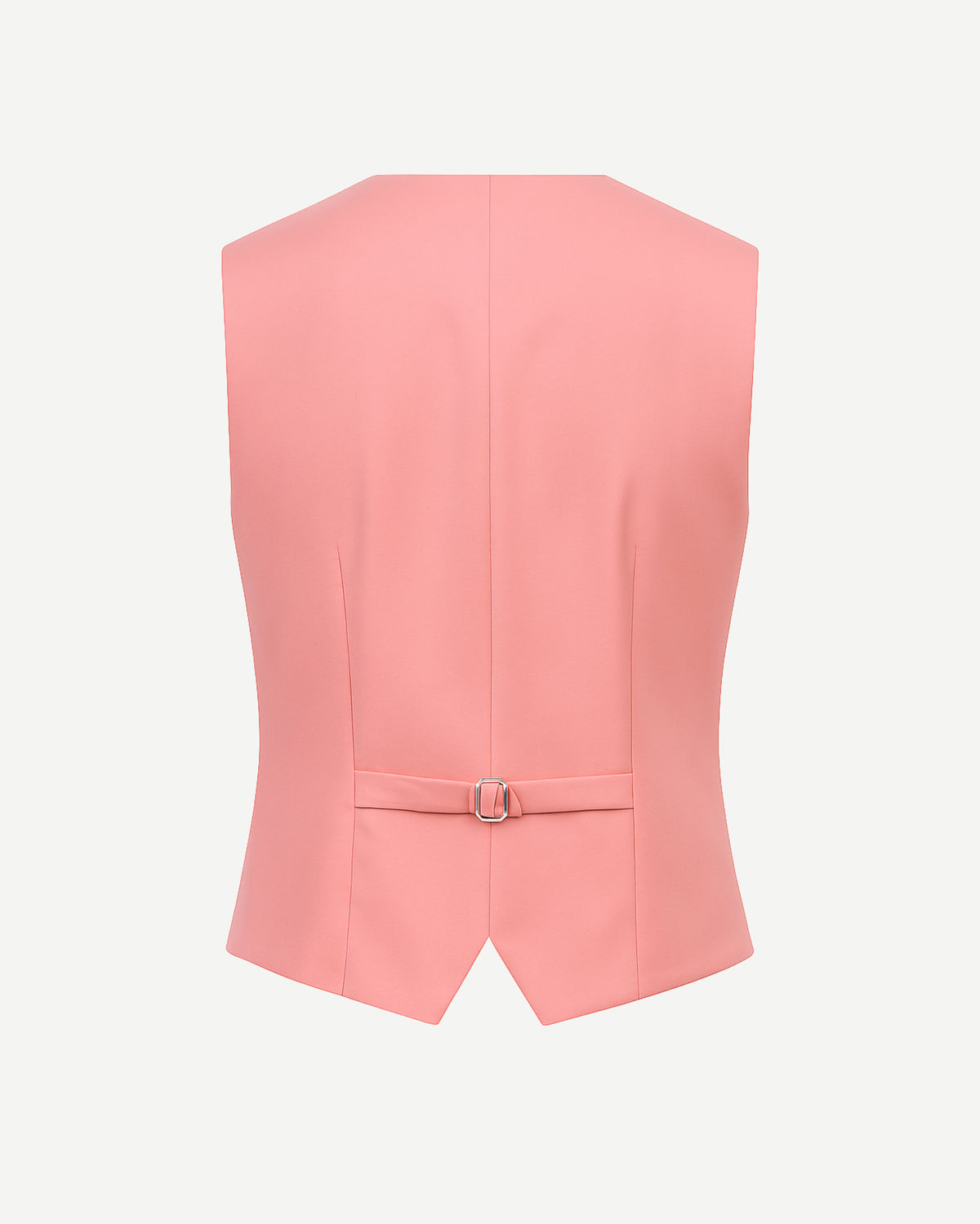 Coral Pink Paisley-Lined Wool Vest shown from the back, featuring a soft coral pink wool fabric, a tailored fit, and an adjustable rear buckle for a perfect silhouette.