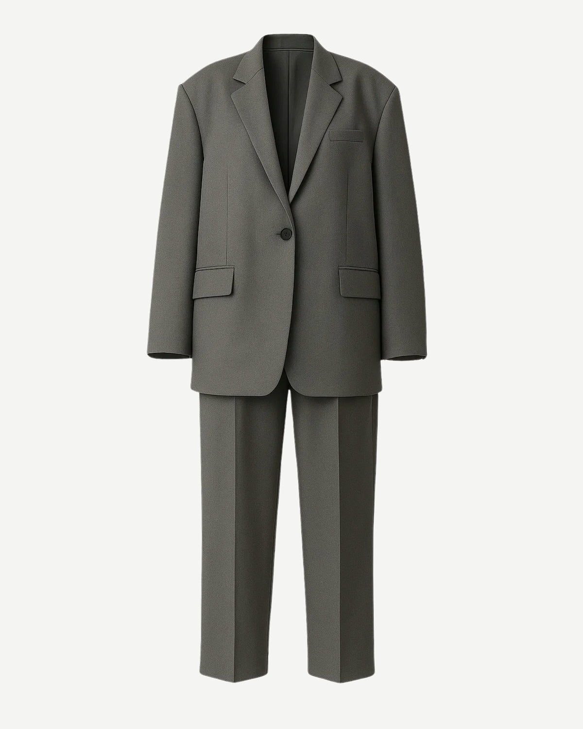 Tailory grey plaid single-button suit front view with flat-front trousers