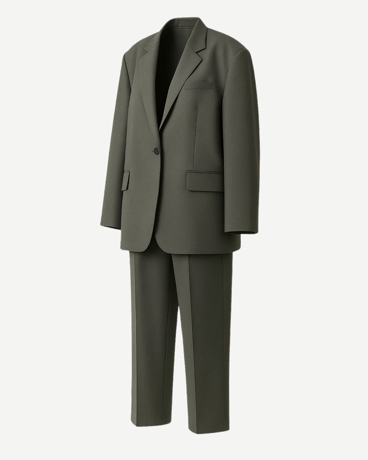 Tailory grey plaid single-button suit side view showing straight-leg trousers and structured shoulder