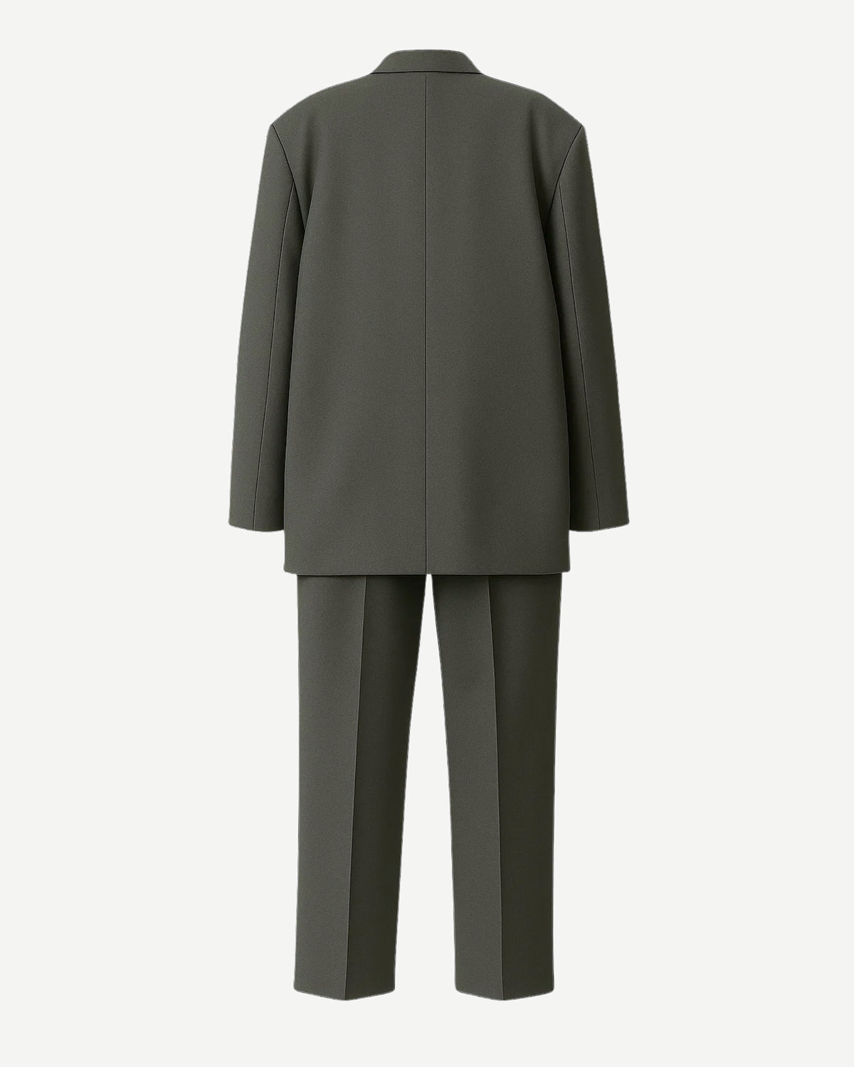 Tailory grey plaid single-button suit back view with clean panel construction and tailored drape
