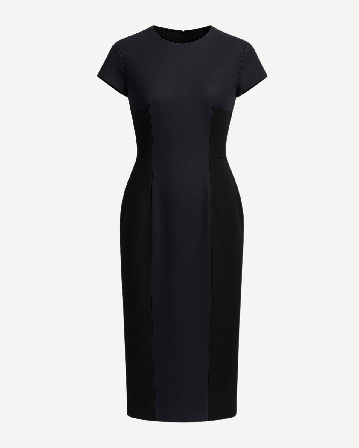 Tailory navy and black knee-length sheath dress front view with structured seaming