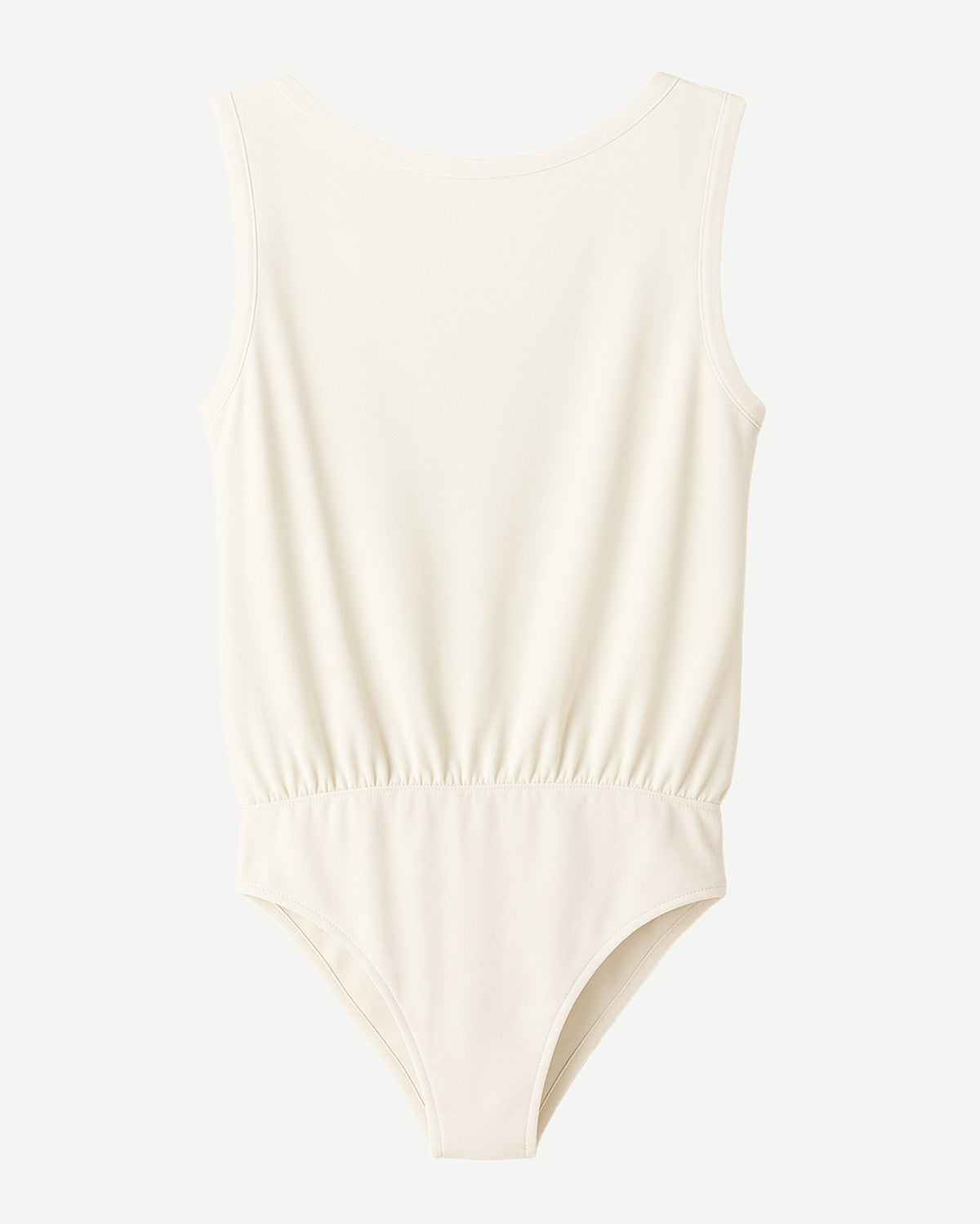 “Back view of white silk crepe bodysuit with smooth silk crepe finish.”