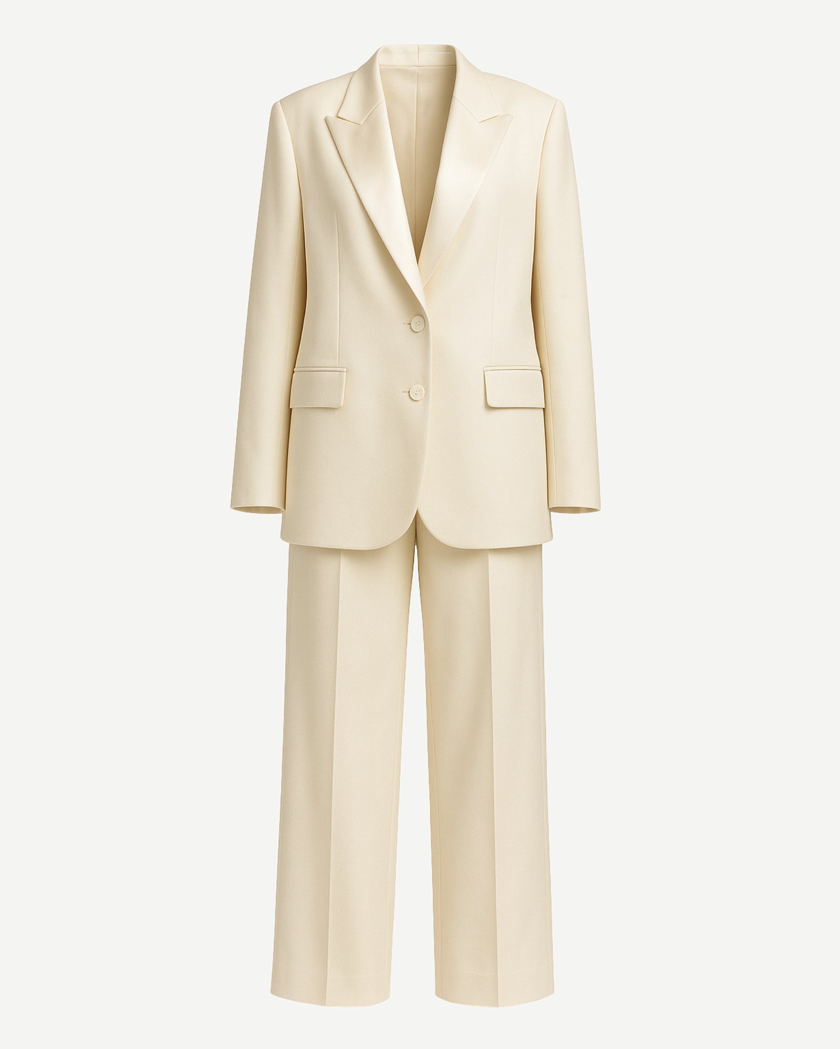 SAMPLE SALE | Women's Cream Oversized Wedding Satin Suit in a soft cream hue, featuring a relaxed oversized blazer with notch lapels, two-button closure, flap pockets, and wide-leg trousers for a modern bridal pantsuit.