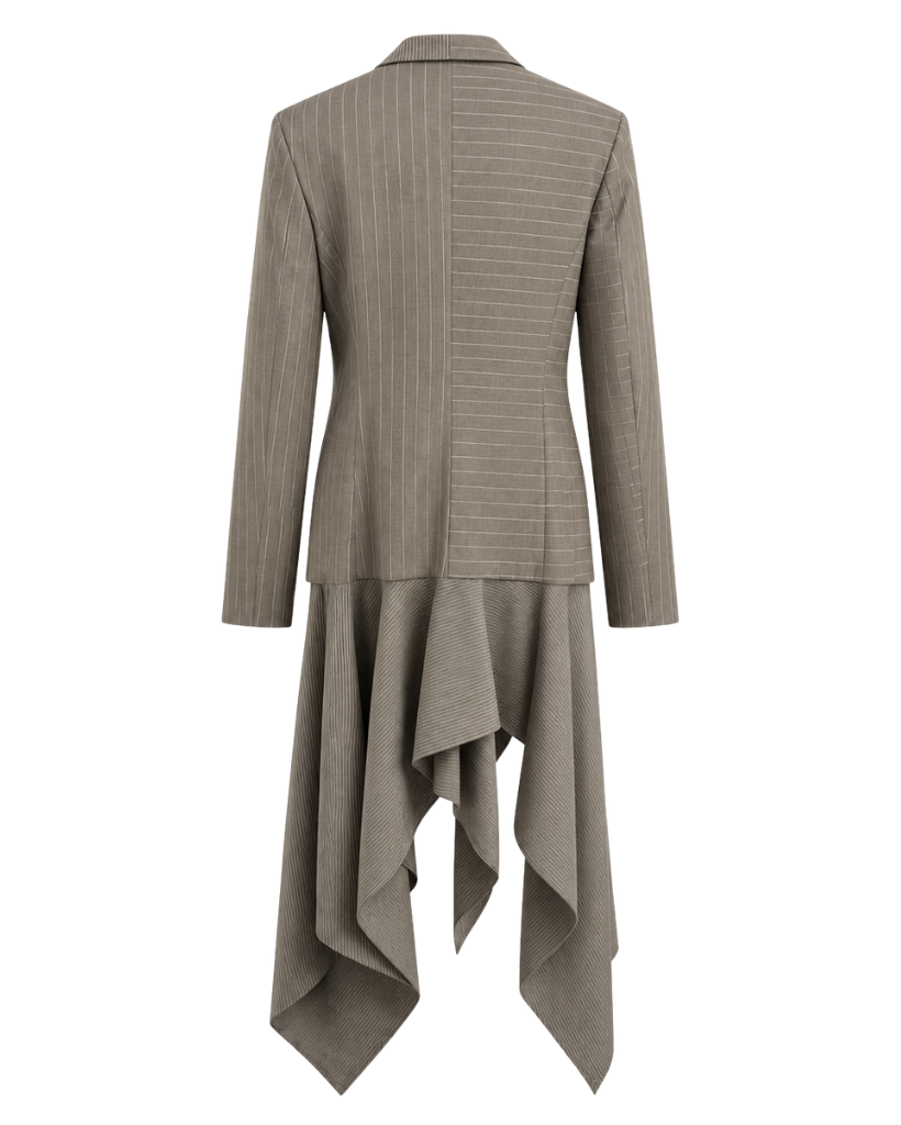 Back view of sculptural grey-taupe pinstripe tailored jacket with fitted back seams, mixed-direction pinstripe panels, slim sleeves, and extended asymmetric draped hem.