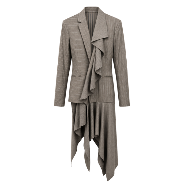 Front view of sculptural grey-taupe pinstripe tailored jacket with asymmetric cascading drape, sharp shoulder, slim sleeves, welt pockets, and mixed stripe direction.