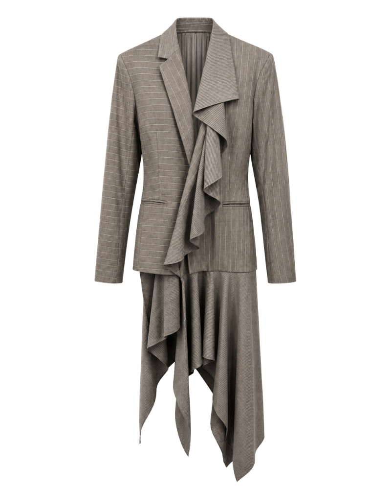 Front view of sculptural grey-taupe pinstripe tailored jacket with asymmetric cascading drape, sharp shoulder, slim sleeves, welt pockets, and mixed stripe direction.
