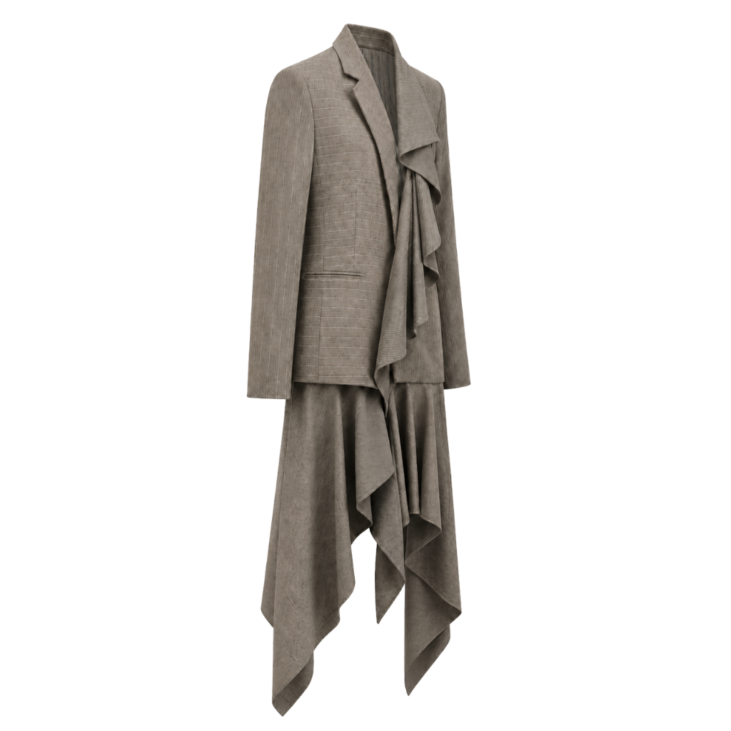 Left angled view of sculptural grey-taupe pinstripe tailored jacket showing the side profile, asymmetric front drape, long sleeve, welt pocket, and extended draped hem.