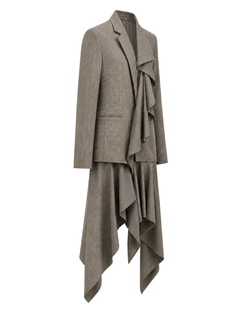 Left angled view of sculptural grey-taupe pinstripe tailored jacket showing the side profile, asymmetric front drape, long sleeve, welt pocket, and extended draped hem.