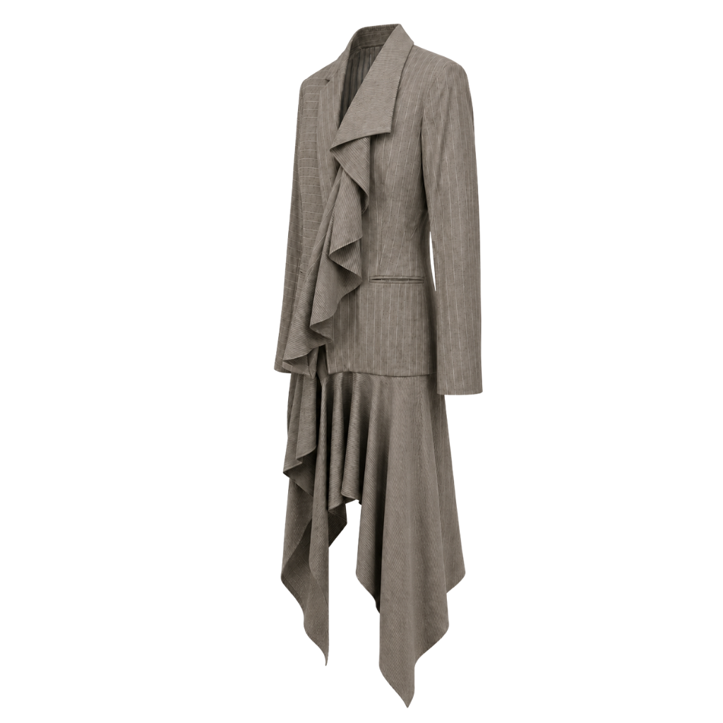 Right angled view of sculptural grey-taupe pinstripe tailored jacket showing the cascading front drape, structured blazer body, slim sleeve, and long asymmetric hem.