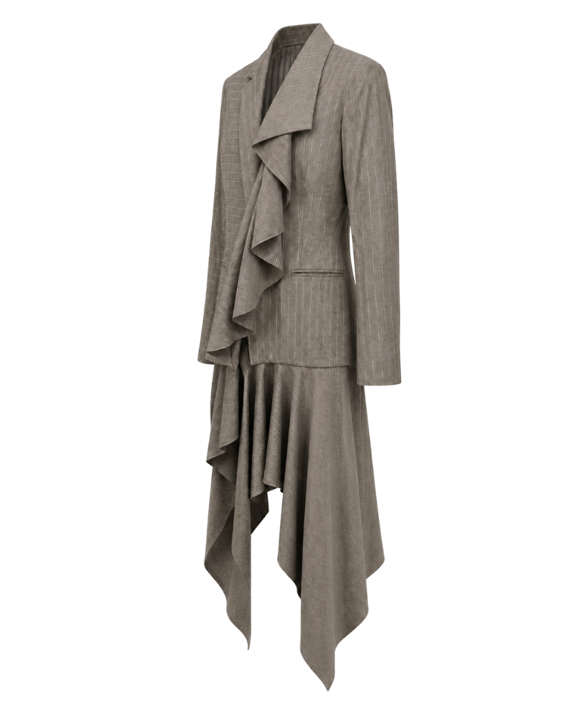 Right angled view of sculptural grey-taupe pinstripe tailored jacket showing the cascading front drape, structured blazer body, slim sleeve, and long asymmetric hem.