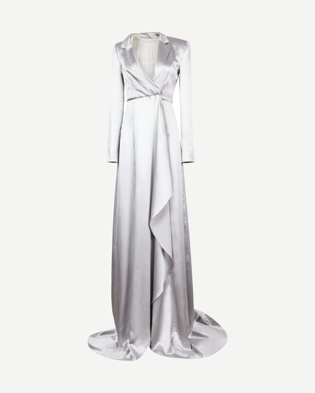 Tailory silver satin blazer dress with fluid train front view