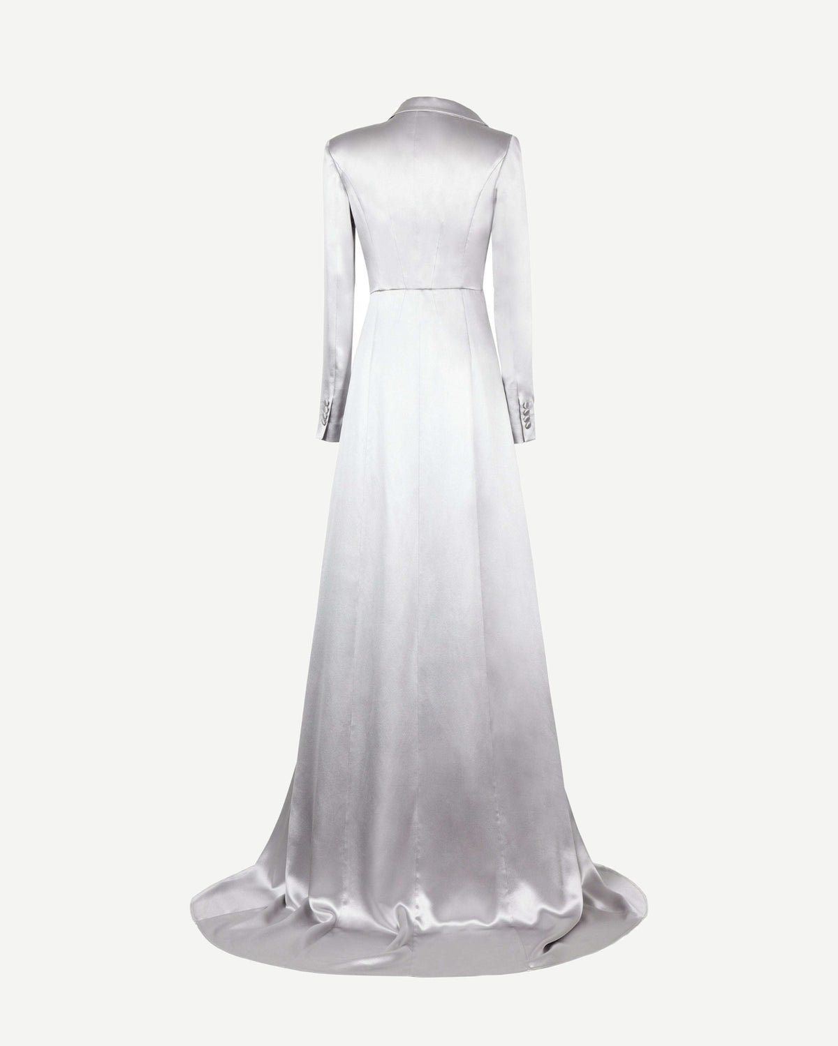 Tailory silver satin couture blazer dress with dramatic train back view