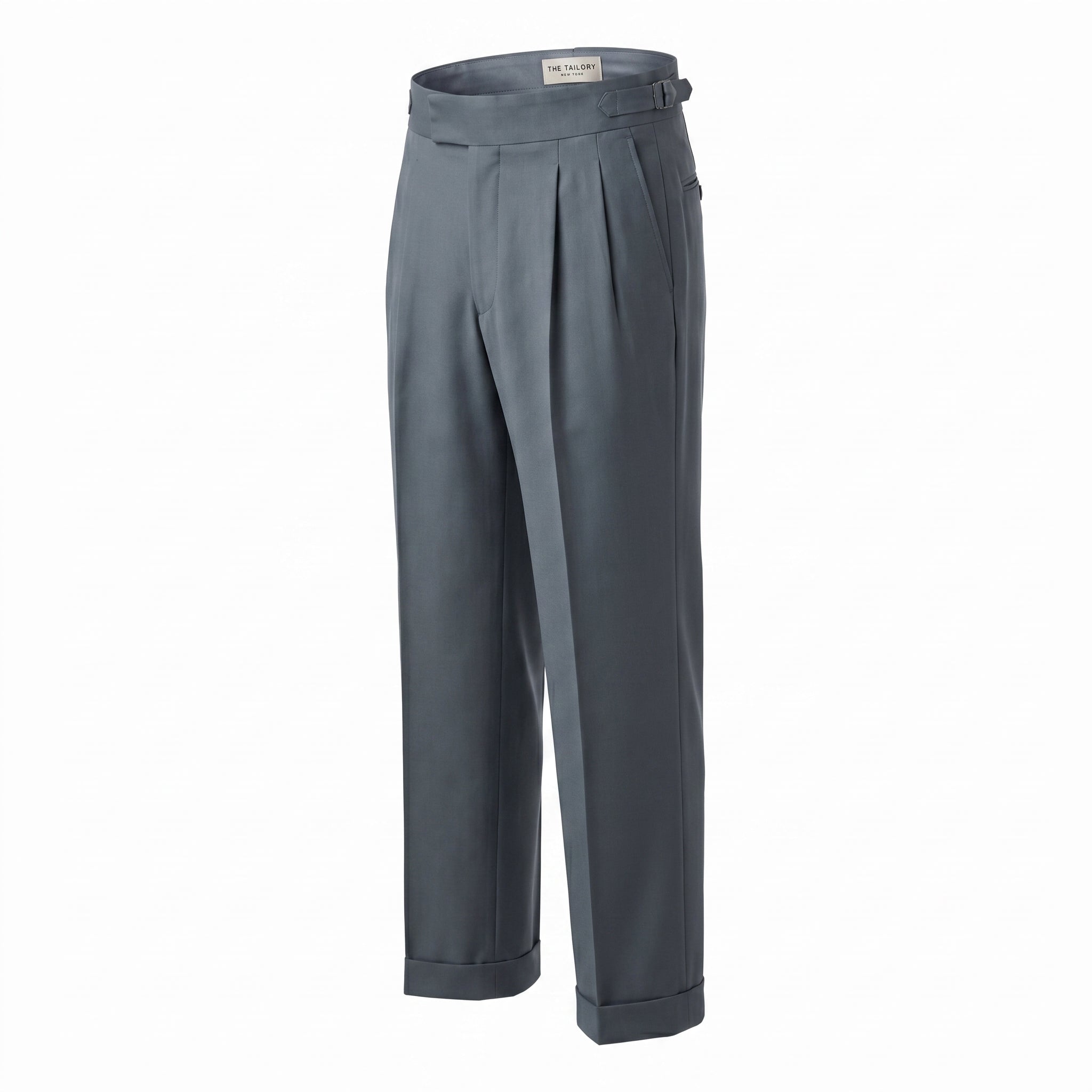 Slate Grey Double-Pleat Wide-Leg Wool Trouser — three-quarter right view — The Tailory NYC, Director's Cut