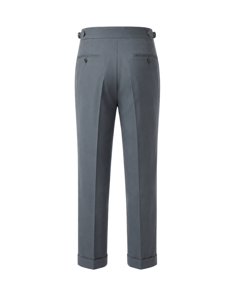 Back view of The Tailory Slate Grey Double-Pleat Wide-Leg Wool Trouser with back welt pockets, side adjusters, clean tailored back, and cuffed hem.