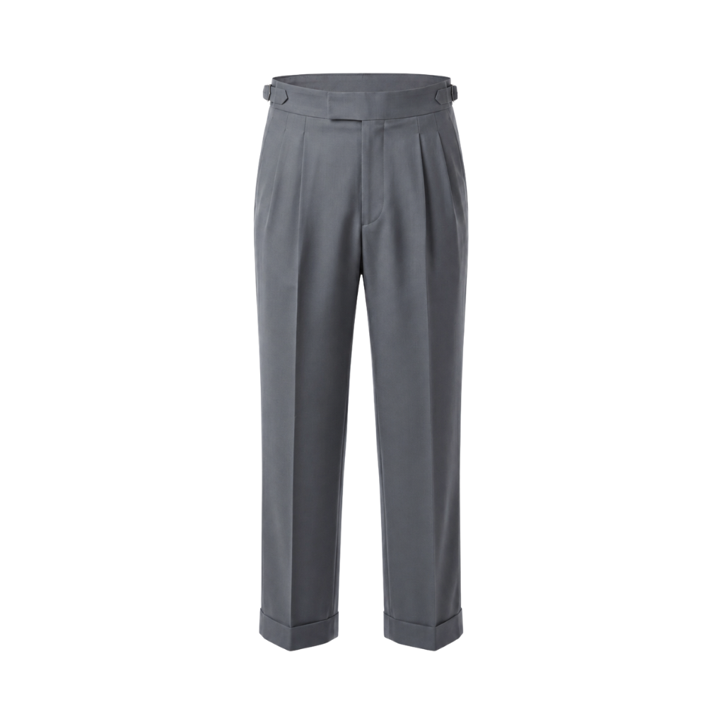 Front view of The Tailory Slate Grey Double-Pleat Wide-Leg Wool Trouser with double forward pleats, side adjusters, and cuffed hem.