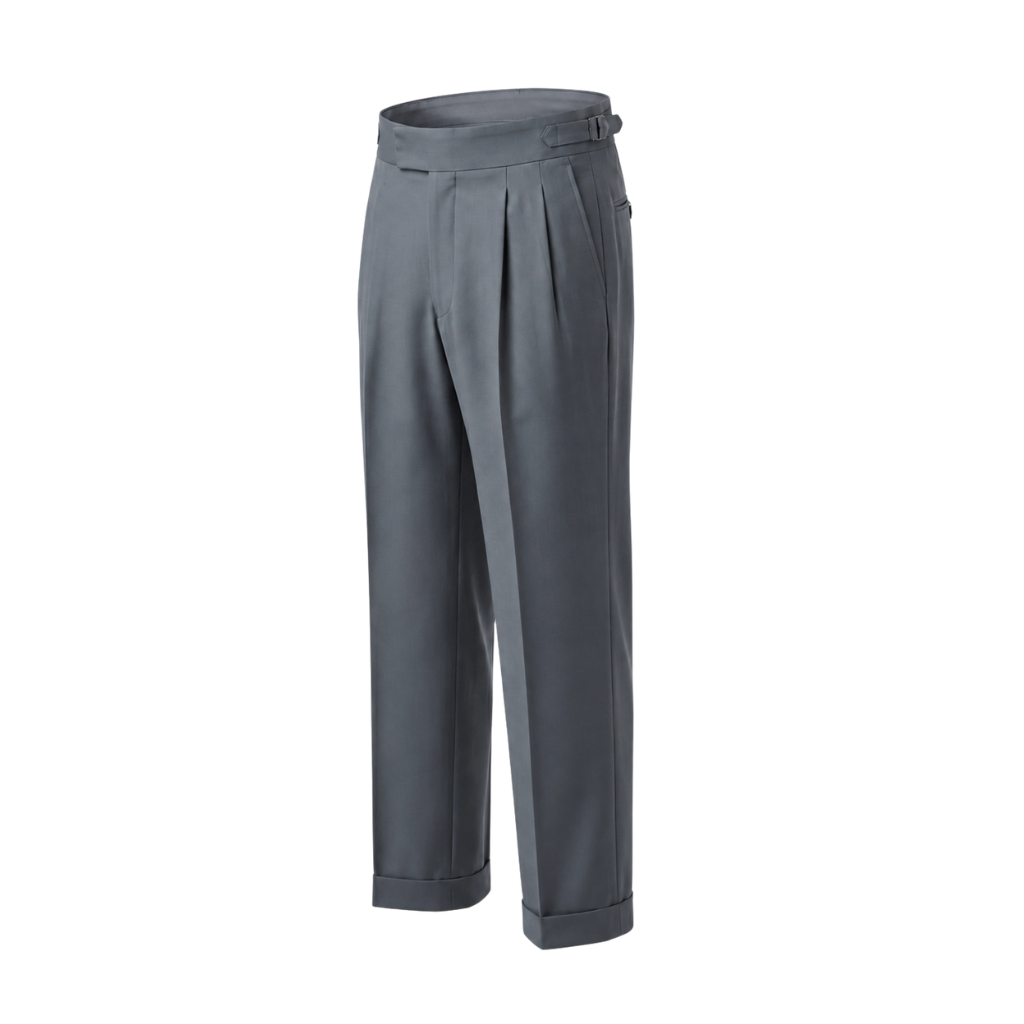 Side view of The Tailory Slate Grey Double-Pleat Wide-Leg Wool Trouser showing the wide-leg silhouette, double pleats, side adjuster, and cuffed hem.