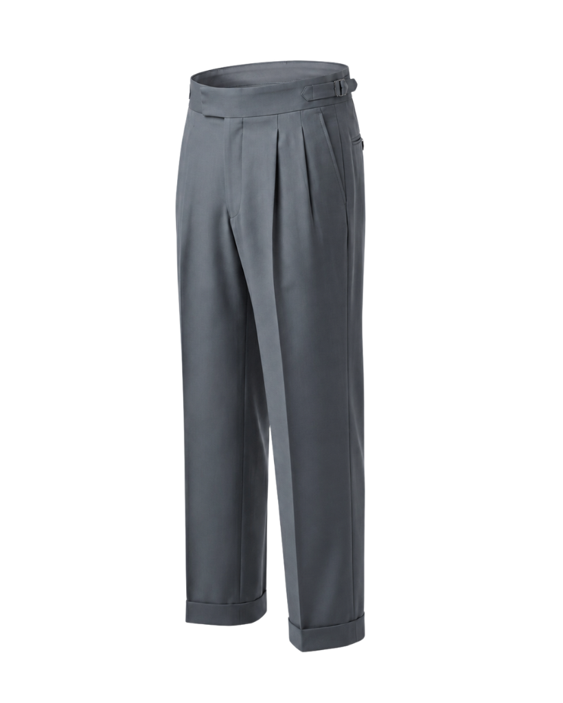 Side view of The Tailory Slate Grey Double-Pleat Wide-Leg Wool Trouser showing the wide-leg silhouette, double pleats, side adjuster, and cuffed hem.