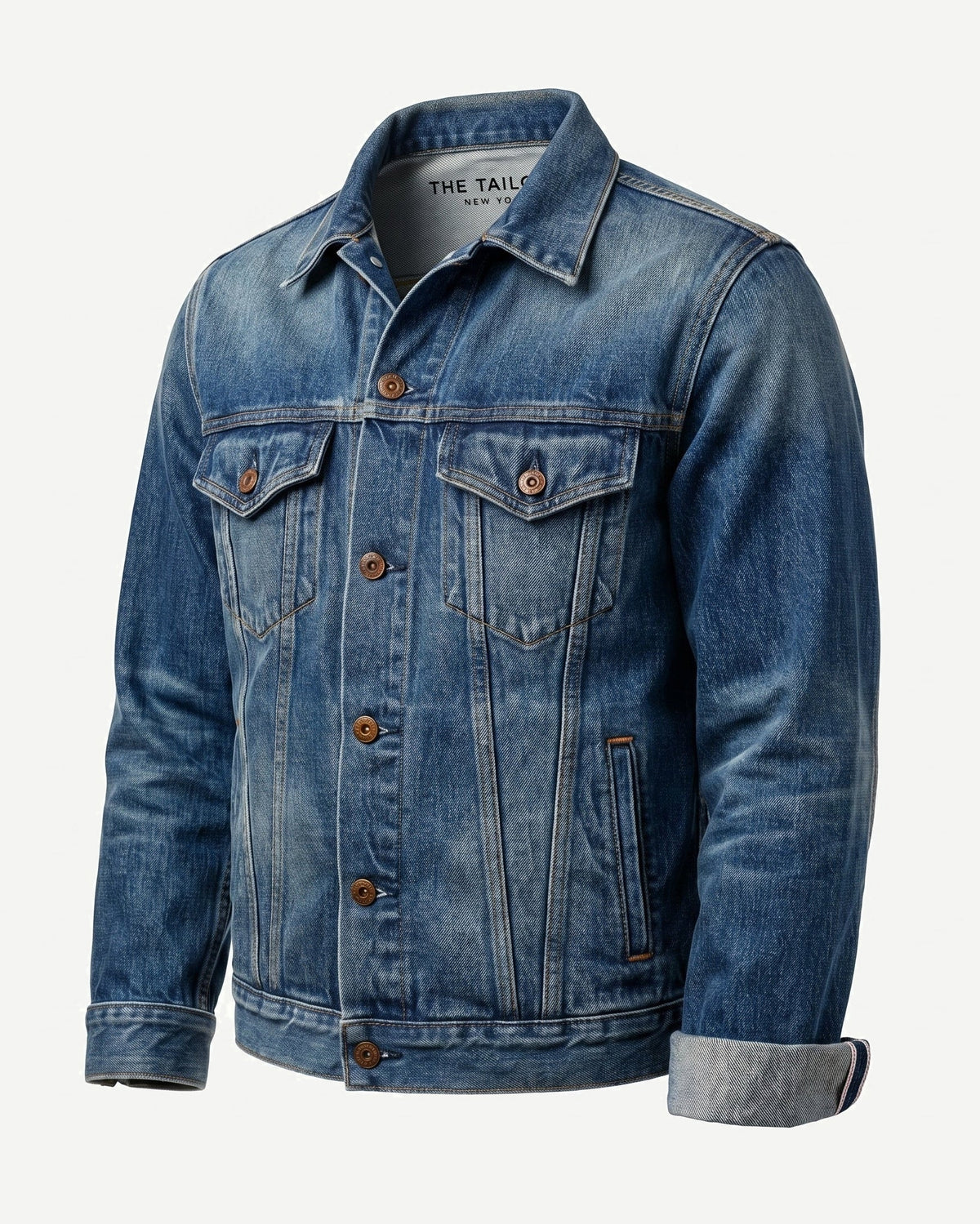 Stonewashed Indigo Japanese Selvedge Denim Jacket — three-quarter left view — The Tailory NYC, Director's Cut