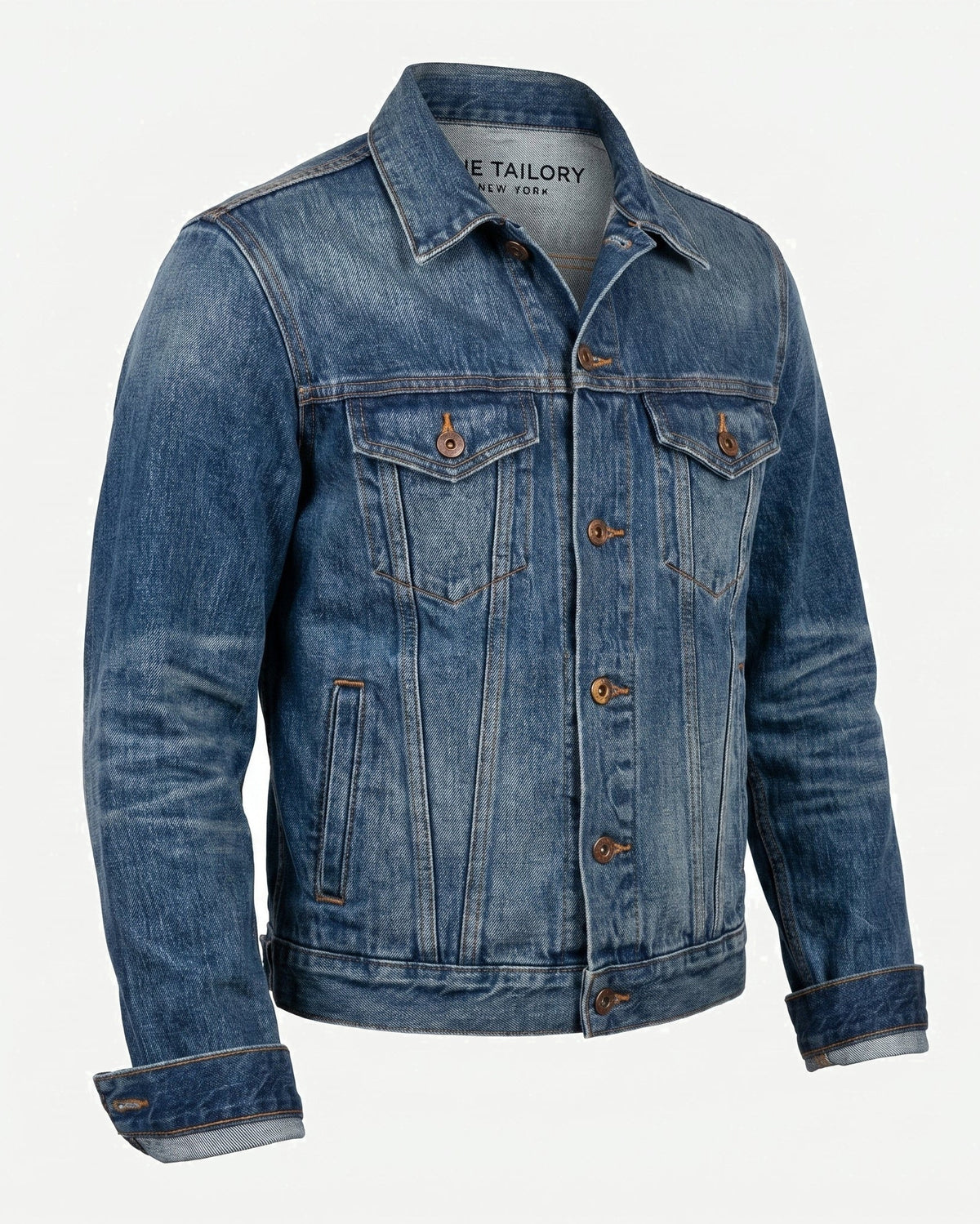 Stonewashed Indigo Japanese Selvedge Denim Jacket — three-quarter right view — The Tailory NYC, Director's Cut
