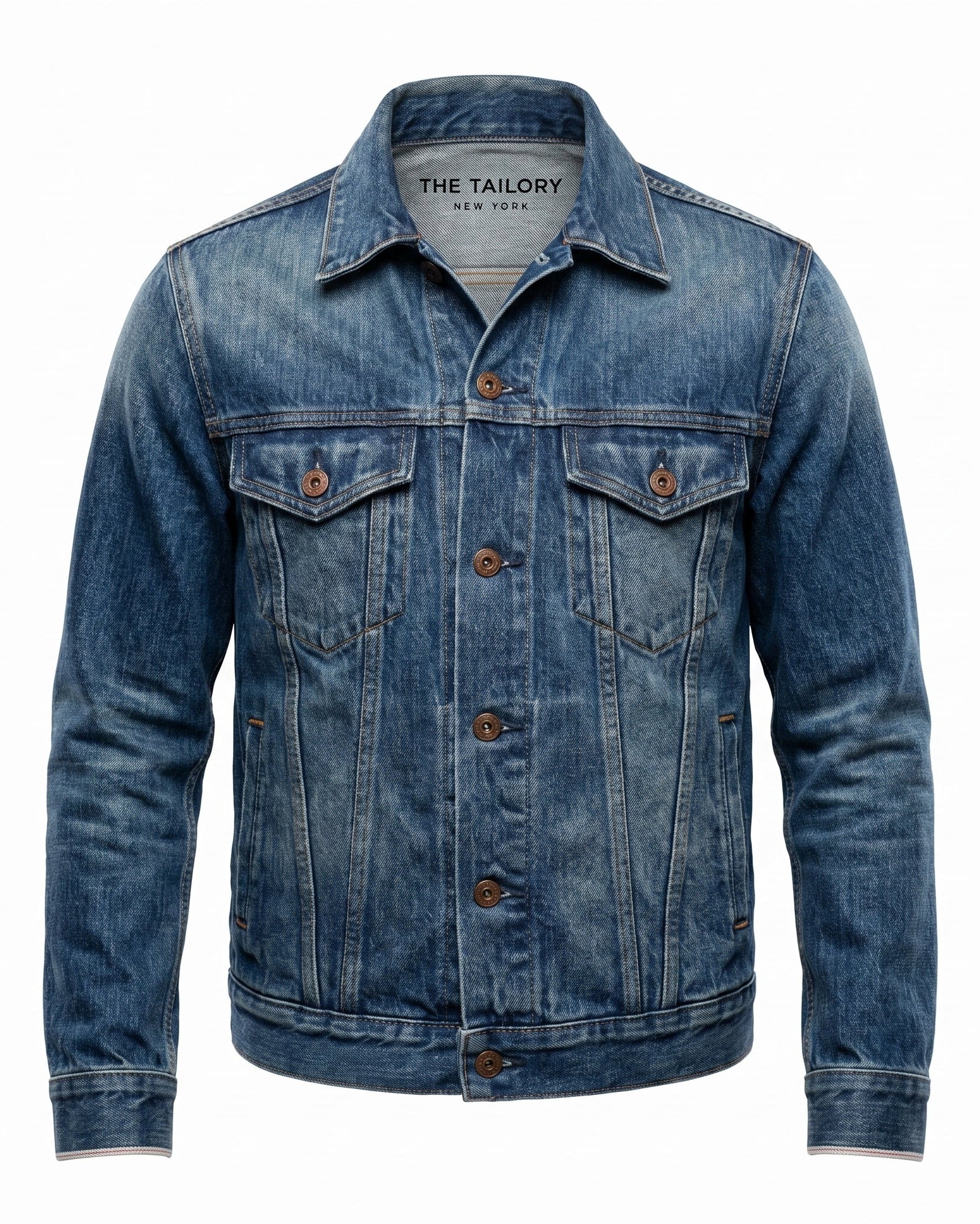 Stonewashed Indigo Japanese Selvedge Denim Jacket — front view — The Tailory NYC, Director's Cut