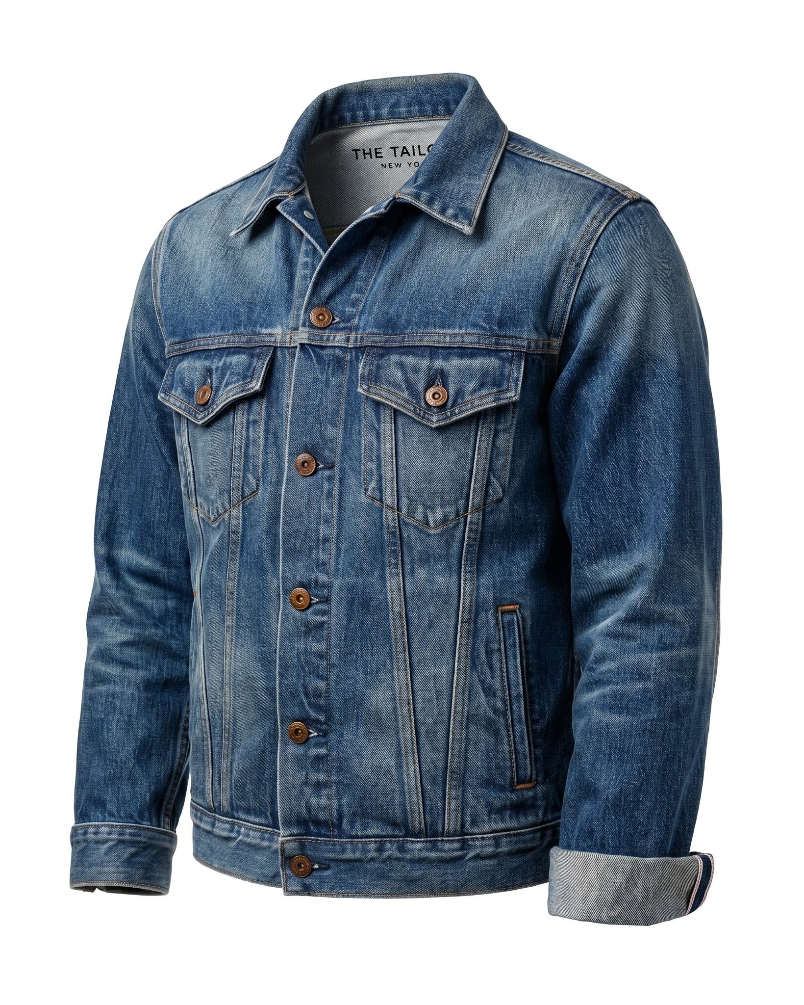 Stonewashed Indigo Japanese Selvedge Denim Jacket — three-quarter left view — The Tailory NYC, Director's Cut