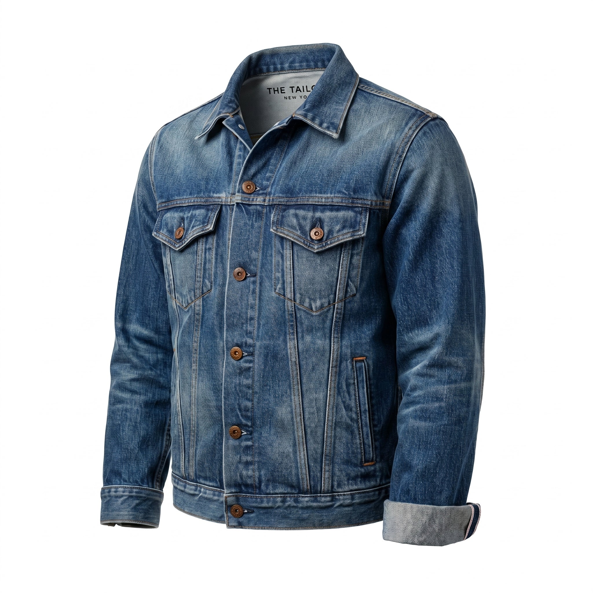 Stonewashed Indigo Japanese Selvedge Denim Jacket — three-quarter left view — The Tailory NYC, Director's Cut
