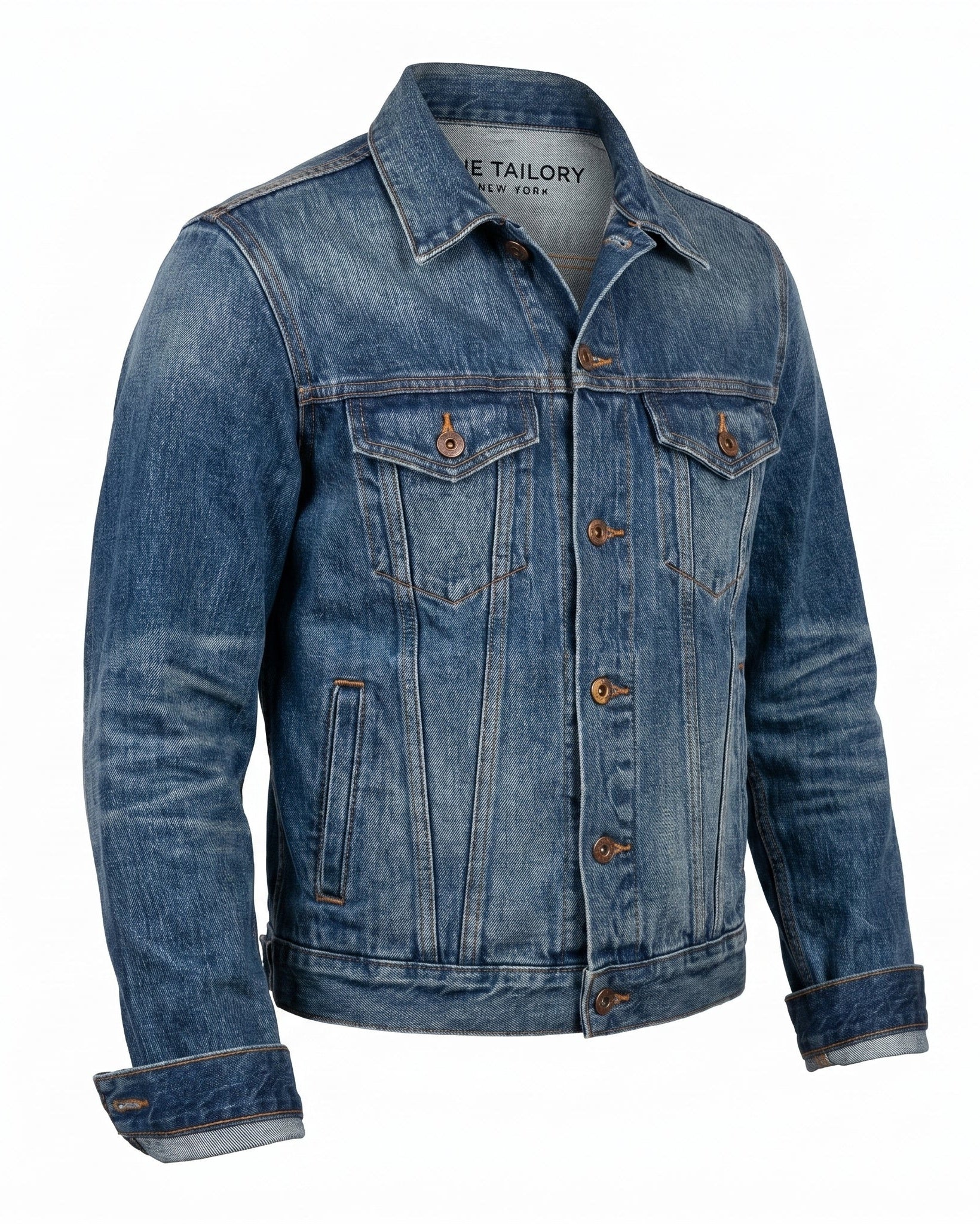 Stonewashed Indigo Japanese Selvedge Denim Jacket — three-quarter right view — The Tailory NYC, Director's Cut