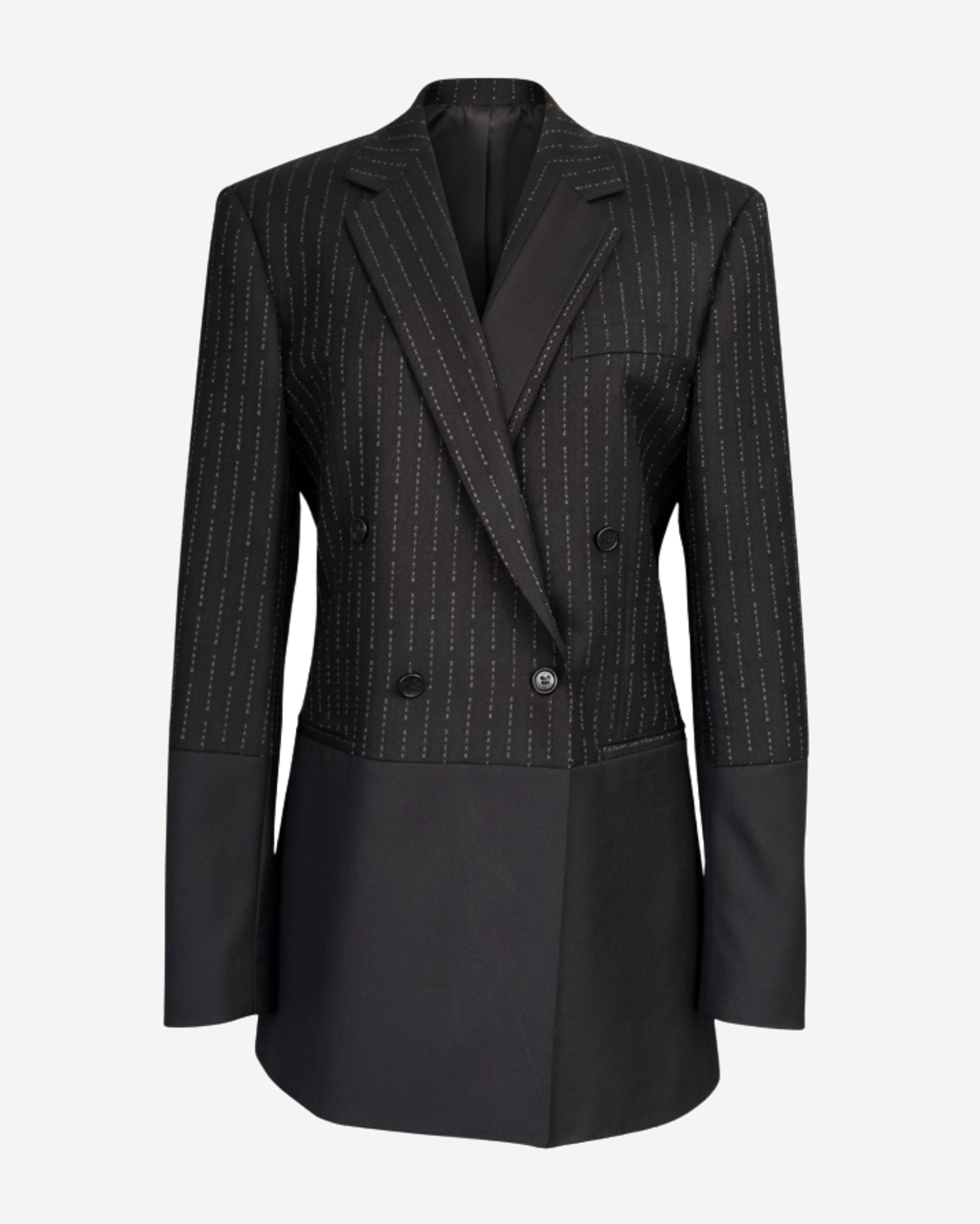 Tailory black/white pinstripe double-breasted blazer dress front view