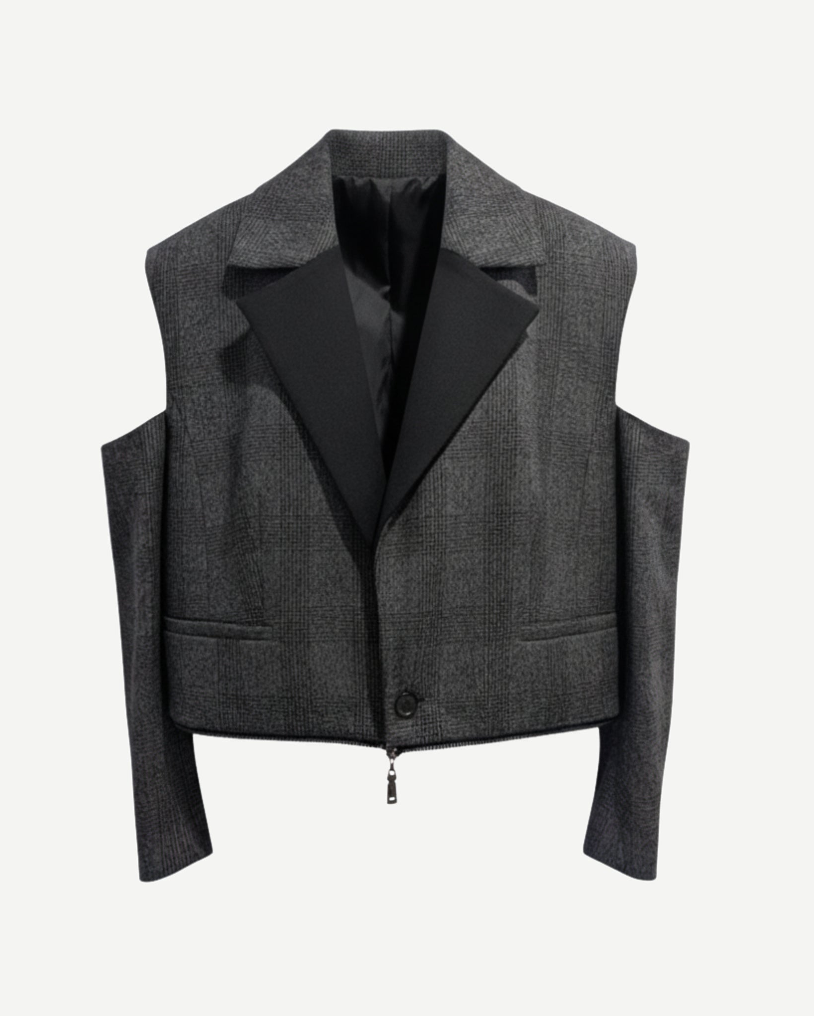 Tailory grey/black plaid cut-out structured jacket front view